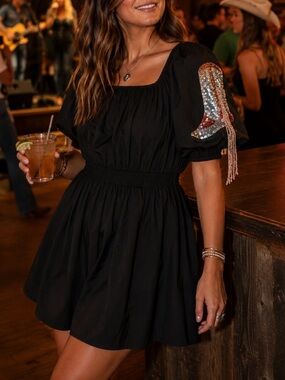 Fantastic Fawn Sequin Western Cowboy Boot Puff Sleeve Black Cotton Mini Dress
